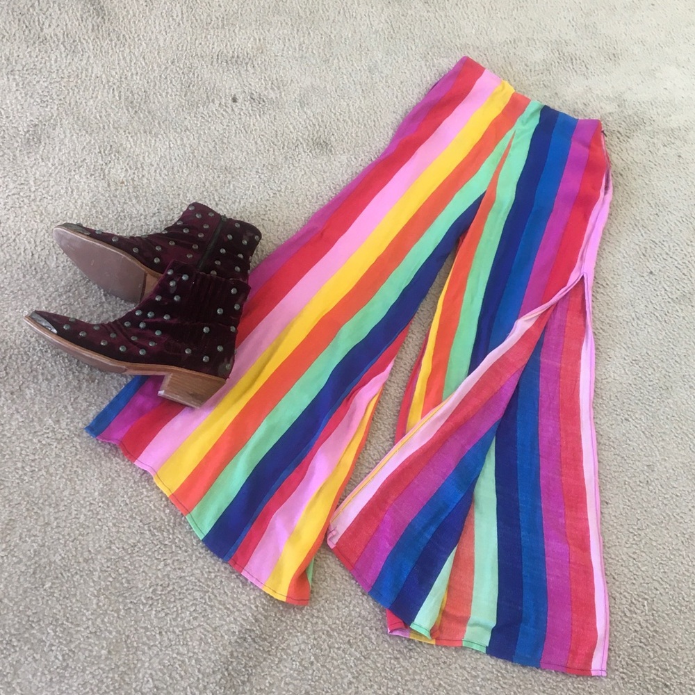 FOREVER 21/“RAINBOW STRIPE”WIDE LEG SIDE SLIT PANTS